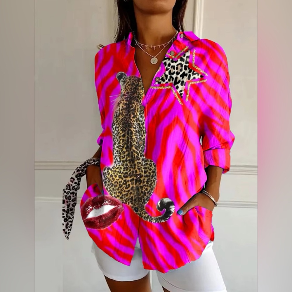 Vibrant Pink Leopard Print Women's Button Down Top